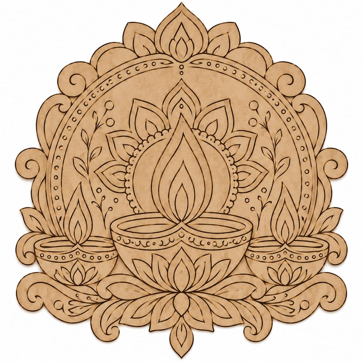 Triple Diya Decorative MDF Wall Hanging – Laser-Cut Diwali Floral Arch Panel - DIY - Pre-Marked MDF