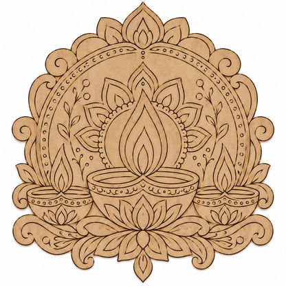 Triple Diya Decorative MDF Wall Hanging – Laser-Cut Diwali Floral Arch Panel - DIY - Pre-Marked MDF