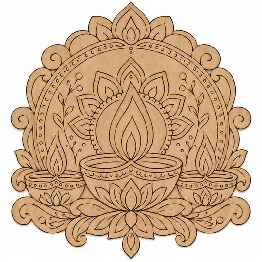 Triple Diya Decorative MDF Wall Hanging – Laser-Cut Diwali Floral Arch Panel - DIY - Pre-Marked MDF