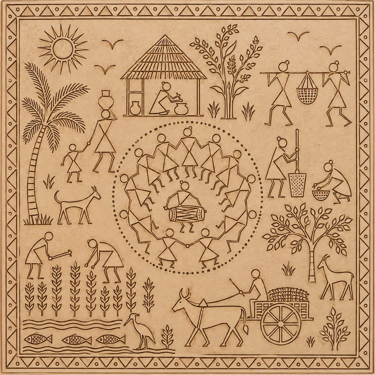 DIY MDF Art Kit – Warli Village Life Pre-Marked Square MDF Board  - DIY - Pre-Marked MDF