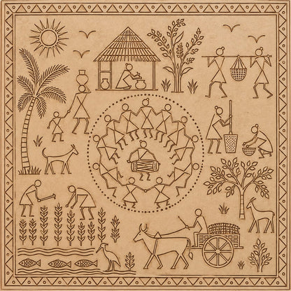 DIY MDF Art Kit – Warli Village Life Pre-Marked Square MDF Board  - DIY - Pre-Marked MDF