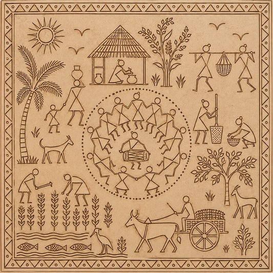 DIY MDF Art Kit – Warli Village Life Pre-Marked Square MDF Board  - DIY - Pre-Marked MDF