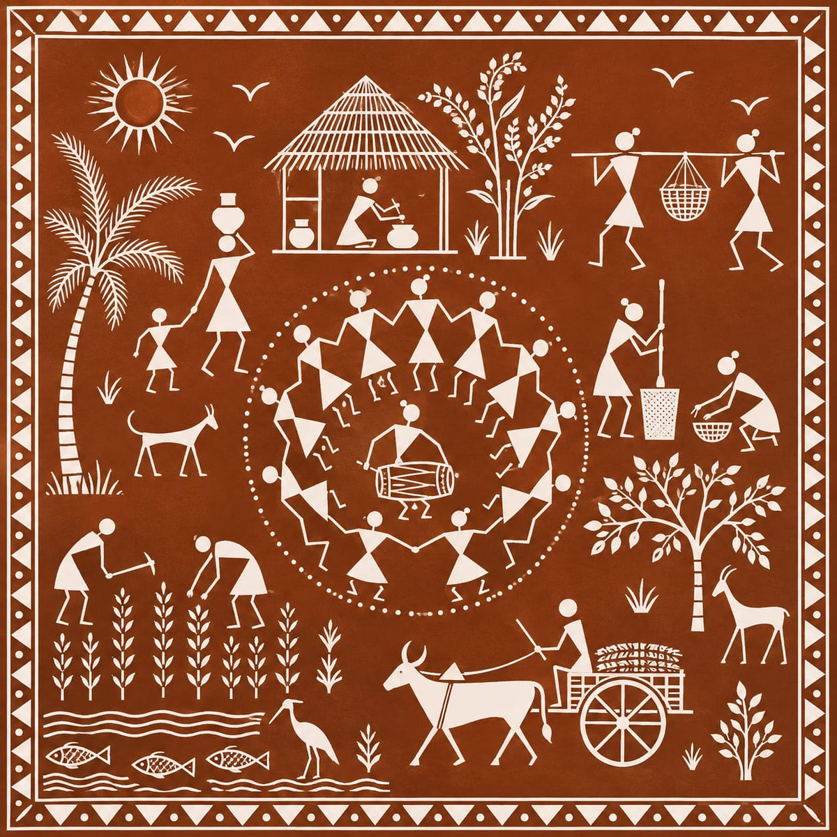 DIY MDF Art Kit – Warli Village Life Pre-Marked Square MDF Board  - DIY - Pre-Marked MDF