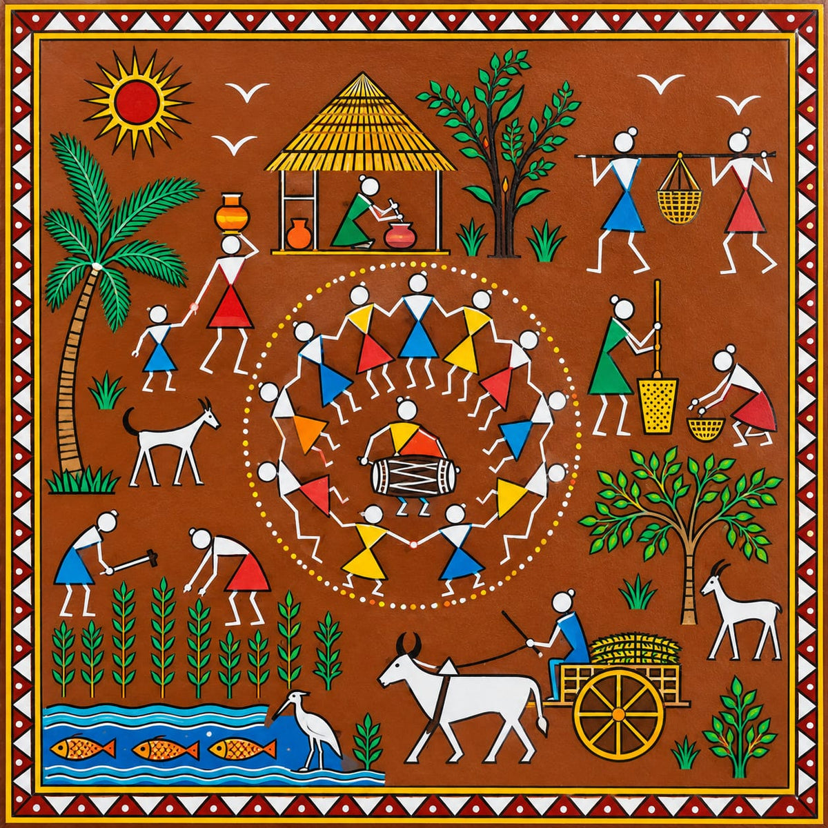 DIY MDF Art Kit – Warli Village Life Pre-Marked Square MDF Board  - DIY - Pre-Marked MDF