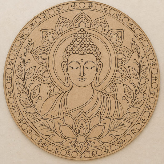 DIY MDF Art Kit – Meditating Buddha & Lotus Pre-Marked Round Board with Acrylic Colors & Brushes