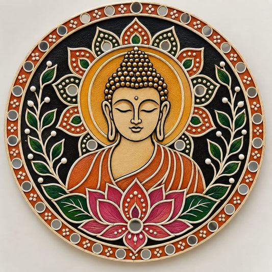 DIY MDF Art Kit – Meditating Buddha & Lotus Pre-Marked Round Board with Acrylic Colors & Brushes