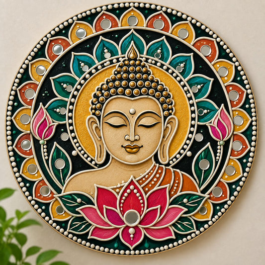 DIY MDF Art Kit – Buddha Face Lotus Mandala Pre-Marked Round Board with Acrylic Colors & Brushes