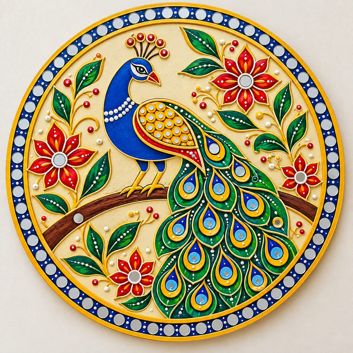 DIY MDF Art Kit – Peacock on Branch Folk Art Pre-Marked Round Board with Acrylic Colors & Brushes (Display Edition)