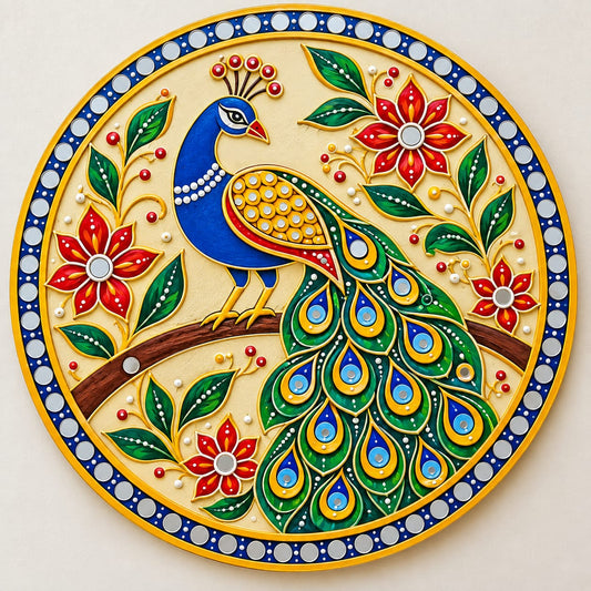 DIY MDF Art Kit – Peacock on Branch Folk Art Pre-Marked Round Board with Acrylic Colors & Brushes (Display Edition)