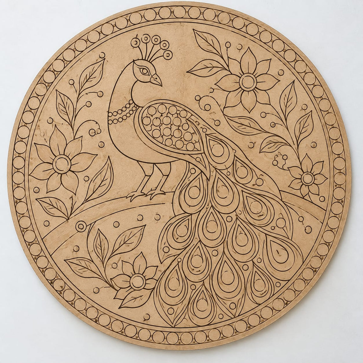 DIY MDF Art Kit – Peacock on Branch Folk Art Pre-Marked Round Board with Acrylic Colors & Brushes (Display Edition)