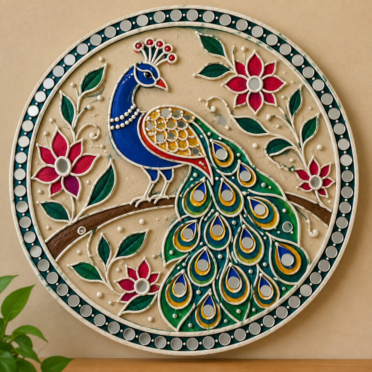 DIY MDF Art Kit – Peacock on Branch Folk Art Pre-Marked Round Board with Acrylic Colors & Brushes (Display Edition)
