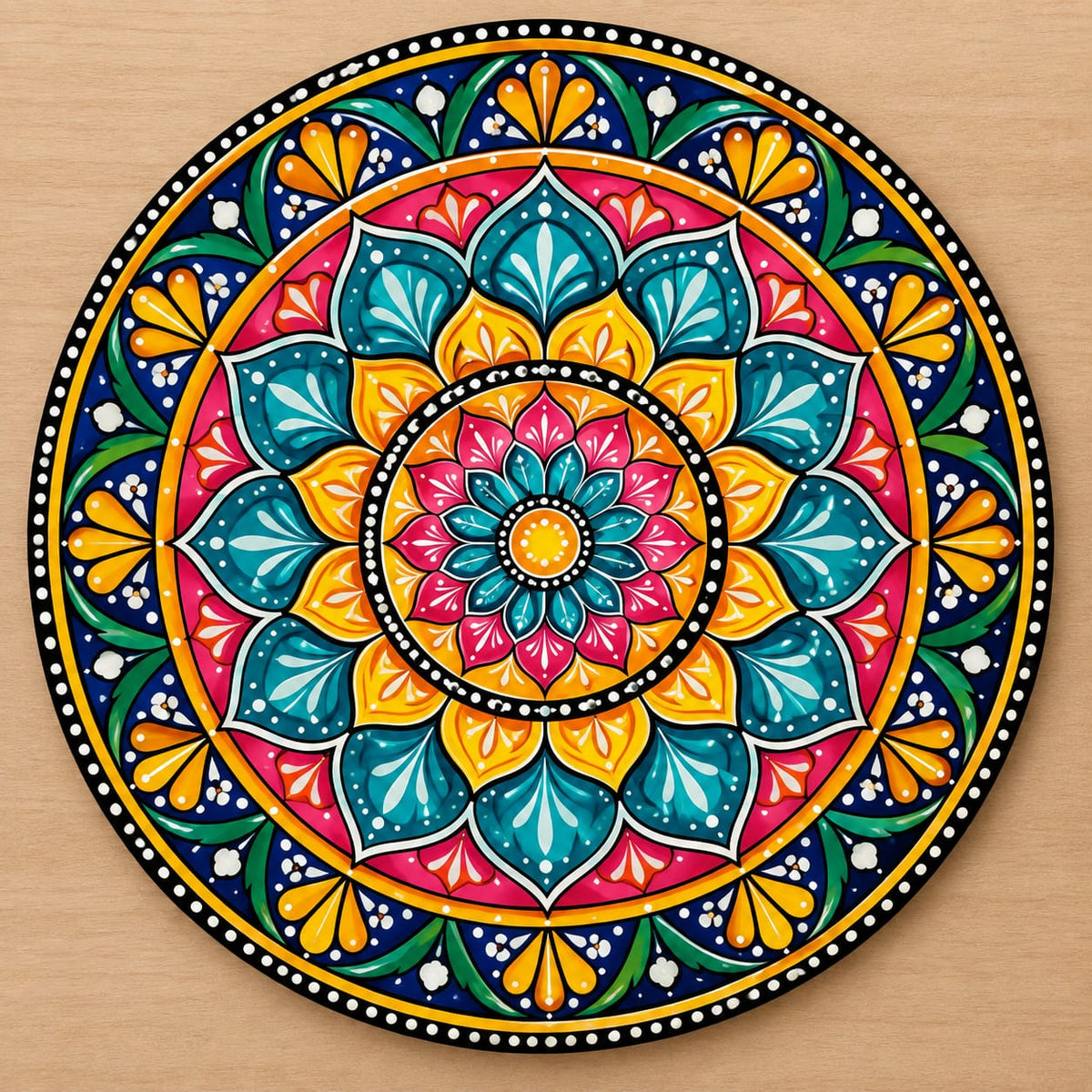 DIY MDF Art Kit – Full Lotus Mandala Pre-Marked Round Board with Acrylic Colors & Brushes