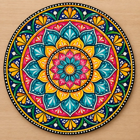 DIY MDF Art Kit – Full Lotus Mandala Pre-Marked Round Board with Acrylic Colors & Brushes