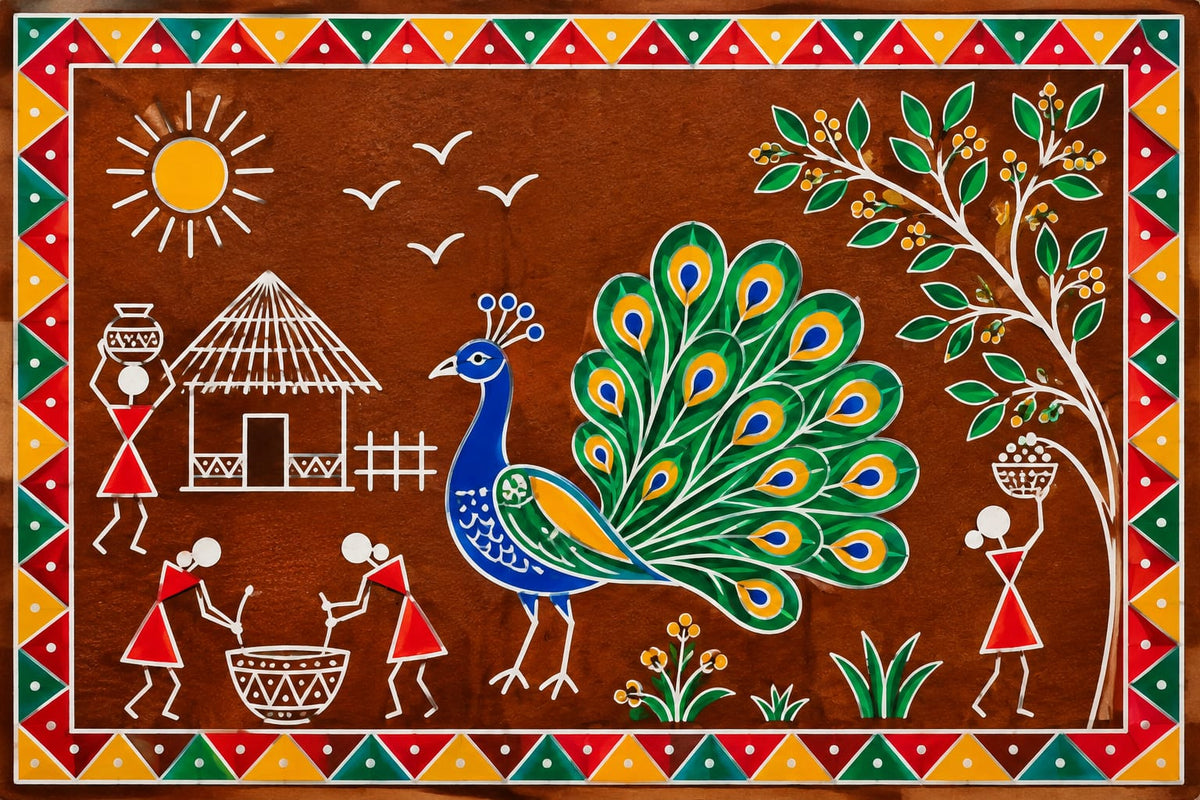 DIY MDF Art Kit – Warli Art Village Scene Pre-Marked Rectangular MDF Board with Acrylic Colors & Brushes