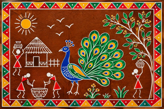 DIY MDF Art Kit – Warli Art Village Scene Pre-Marked Rectangular MDF Board with Acrylic Colors & Brushes