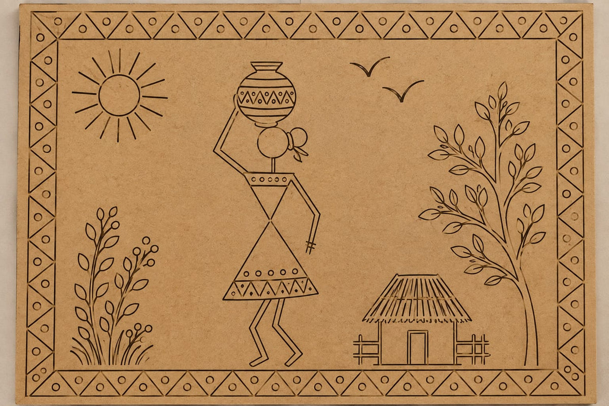 DIY MDF Art Kit – Warli Art Woman with Pot Pre-Marked Rectangular MDF Board with Acrylic Colors & Brushes