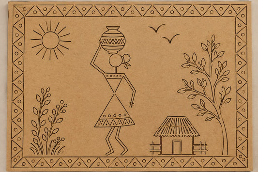 DIY MDF Art Kit – Warli Art Woman with Pot Pre-Marked Rectangular MDF Board with Acrylic Colors & Brushes