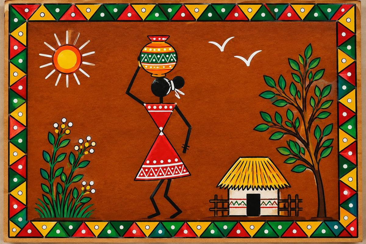 DIY MDF Art Kit – Warli Art Woman with Pot Pre-Marked Rectangular MDF Board with Acrylic Colors & Brushes