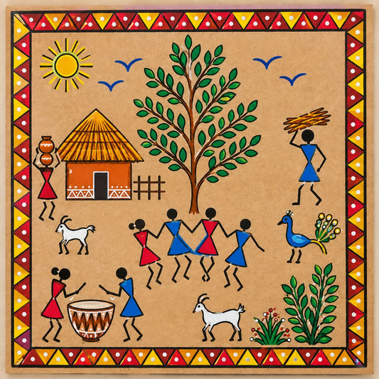 DIY MDF Art Kit – Warli Art Village Celebration Pre-Marked Square MDF Board with Acrylic Colors & Brushes