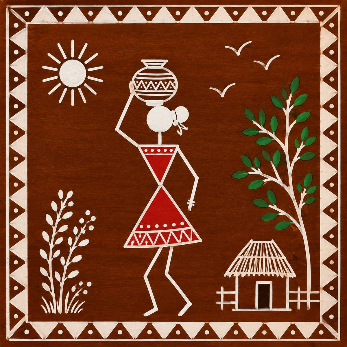 DIY MDF Art Kit – Warli Art Woman with Pot Pre-Marked Rectangular MDF Board with Acrylic Colors & Brushes