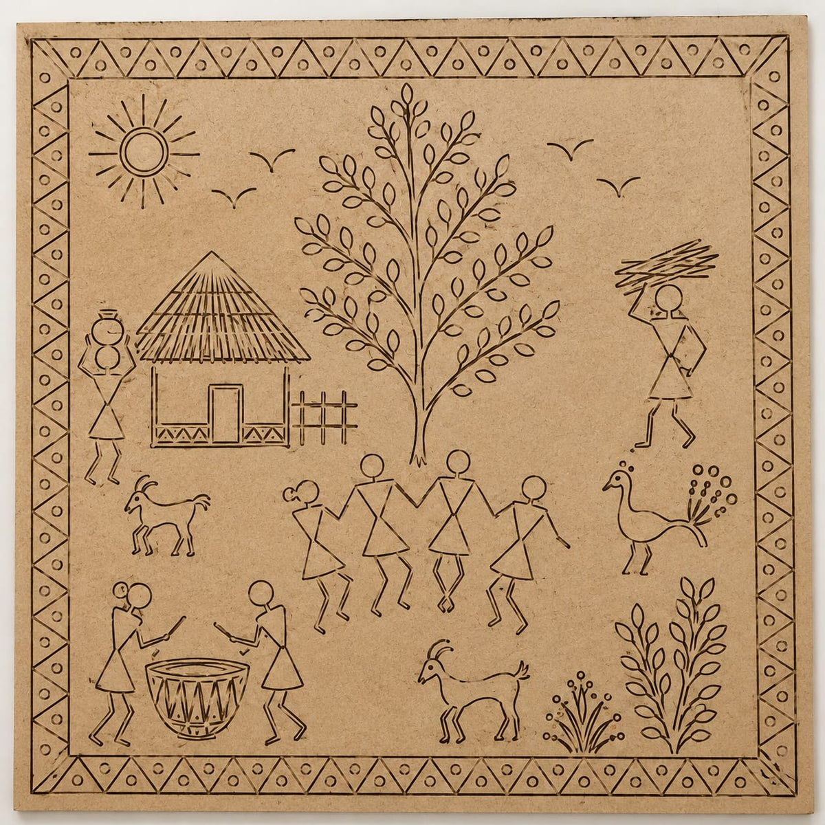 DIY MDF Art Kit – Warli Art Village Celebration Pre-Marked Square MDF Board with Acrylic Colors & Brushes