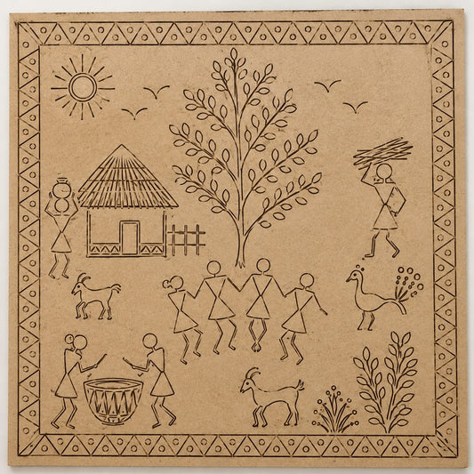 DIY MDF Art Kit – Warli Art Village Celebration Pre-Marked Square MDF Board with Acrylic Colors & Brushes