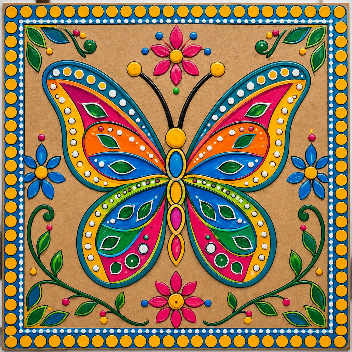 DIY MDF Art Kit – Folk Art Butterfly Mandala Pre-Marked Square MDF Board with Acrylic Colors & Brushes