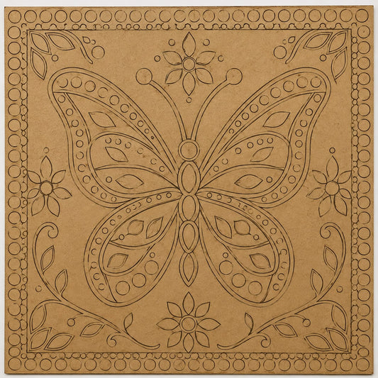 DIY MDF Art Kit – Folk Art Butterfly Mandala Pre-Marked Square MDF Board with Acrylic Colors & Brushes