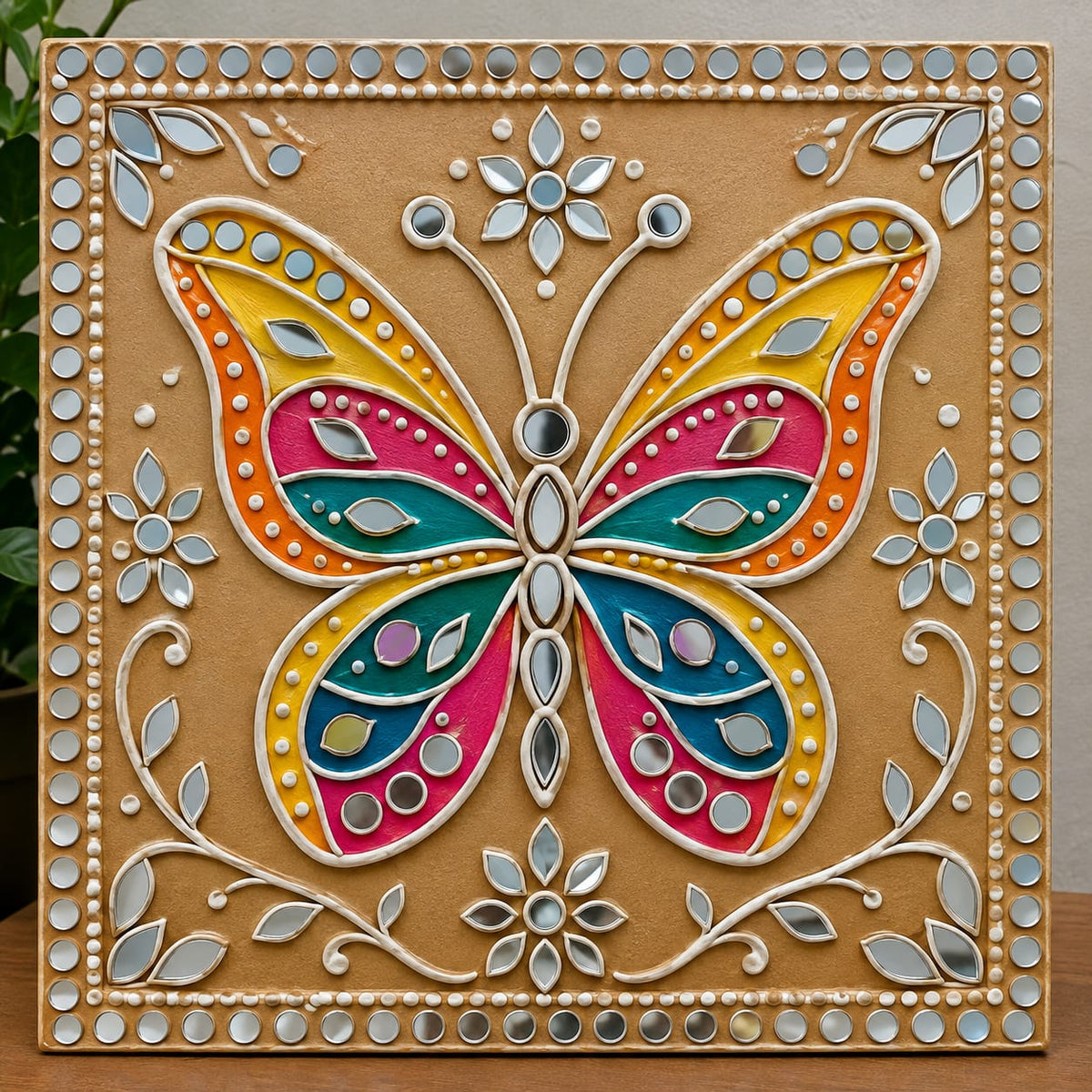 DIY MDF Art Kit – Folk Art Butterfly Mandala Pre-Marked Square MDF Board with Acrylic Colors & Brushes