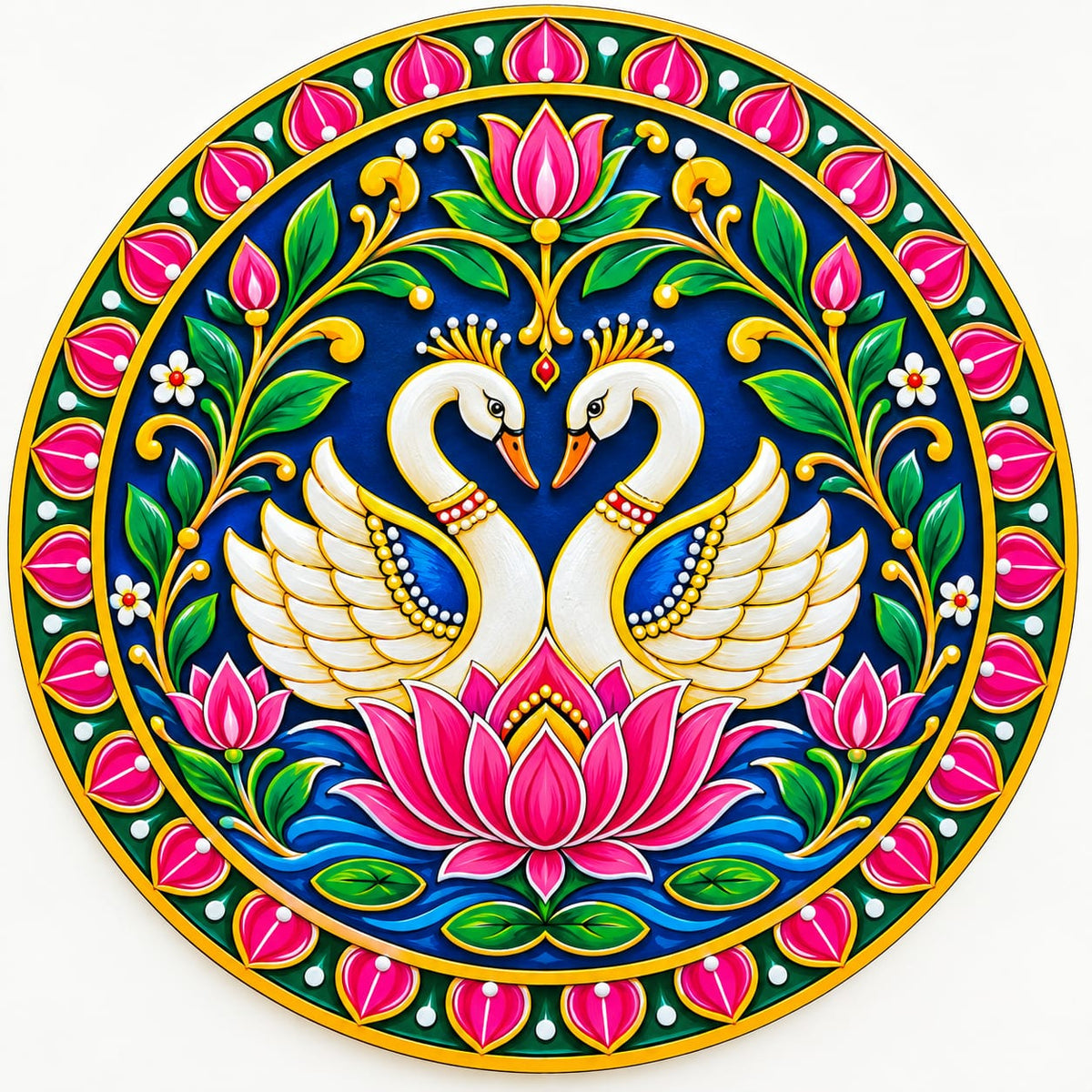 DIY MDF Art Kit – Love Swans & Lotus Folk Art Pre-Marked Round Board with Acrylic Colors & Brushes
