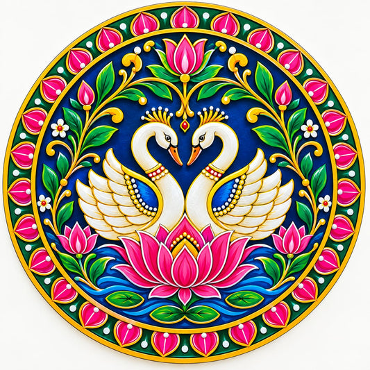 DIY MDF Art Kit – Love Swans & Lotus Folk Art Pre-Marked Round Board with Acrylic Colors & Brushes