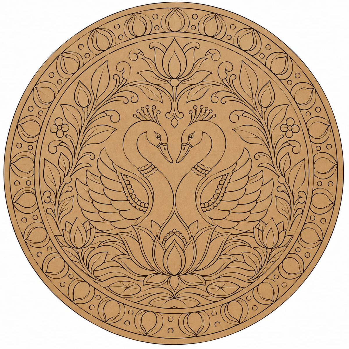 DIY MDF Art Kit – Love Swans & Lotus Folk Art Pre-Marked Round Board with Acrylic Colors & Brushes