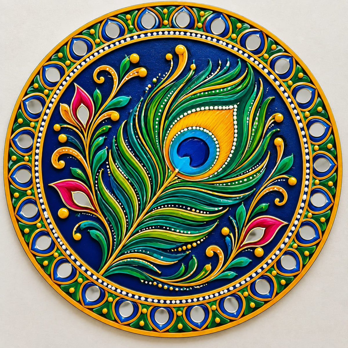 DIY MDF Art Kit – Krishna's Peacock Feather Folk Art Pre-Marked Round Board with Acrylic Colors & Brushes