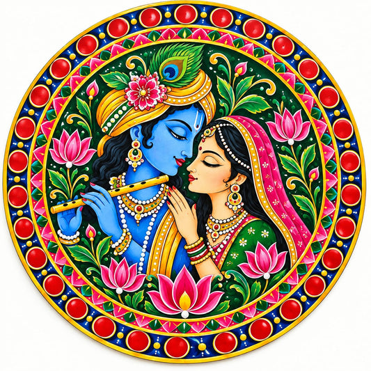 DIY MDF Art Kit – Radha Krishna Divine Love Folk Art Pre-Marked Round Board with Acrylic Colors & Brushes