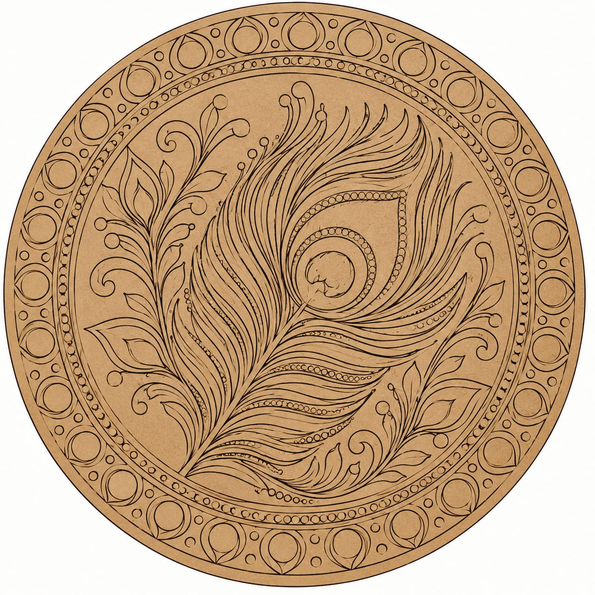 DIY MDF Art Kit – Krishna's Peacock Feather Folk Art Pre-Marked Round Board with Acrylic Colors & Brushes