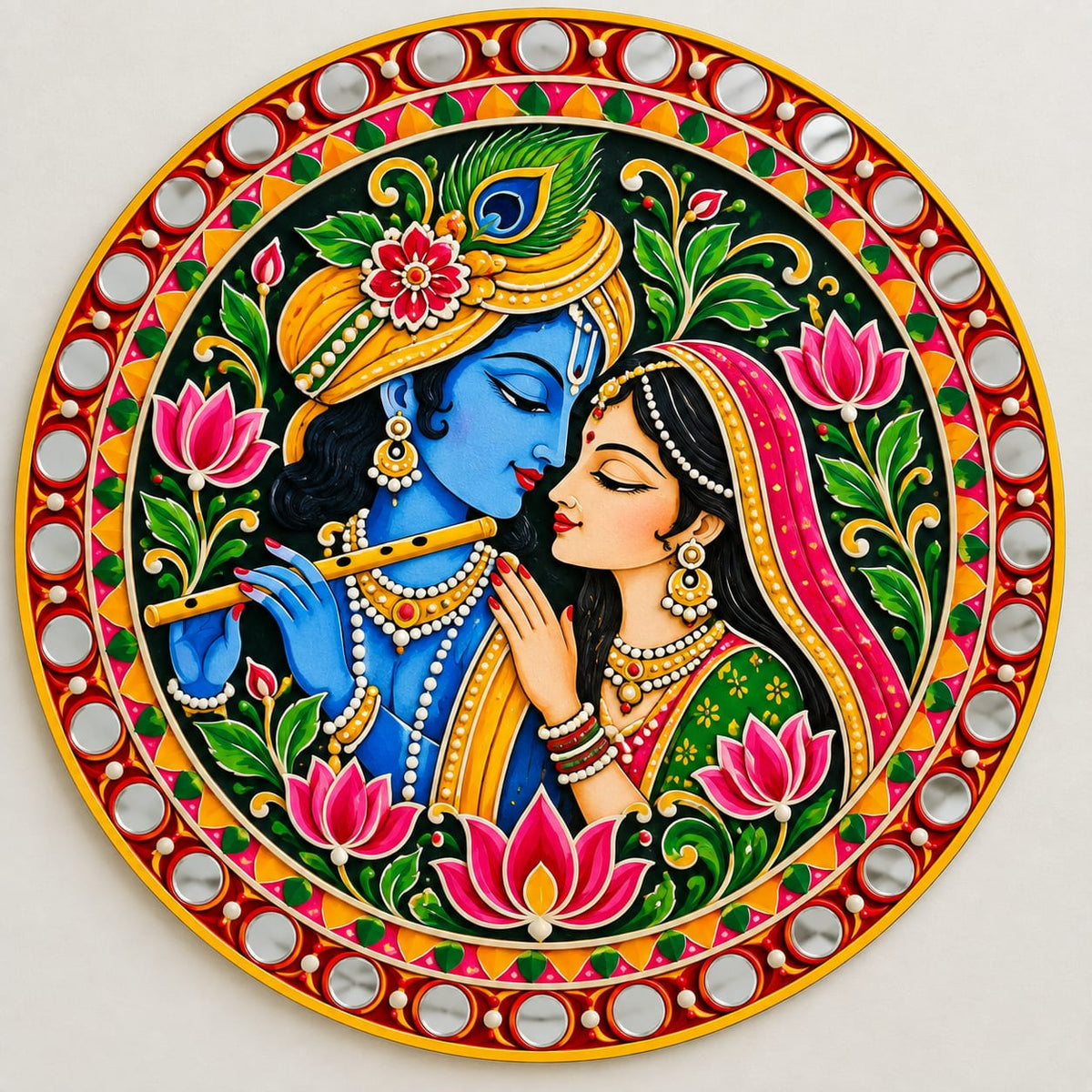 DIY MDF Art Kit – Radha Krishna Divine Love Folk Art Pre-Marked Round Board with Acrylic Colors & Brushes