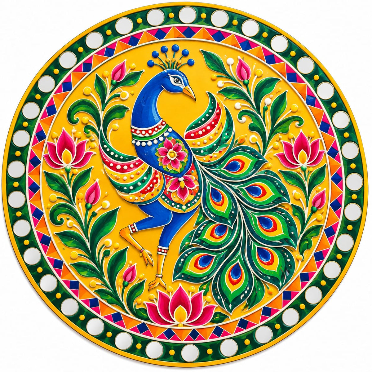 DIY MDF Art Kit – Dancing Peacock in Display Folk Art Pre-Marked Round Board with Acrylic Colors & Brushes