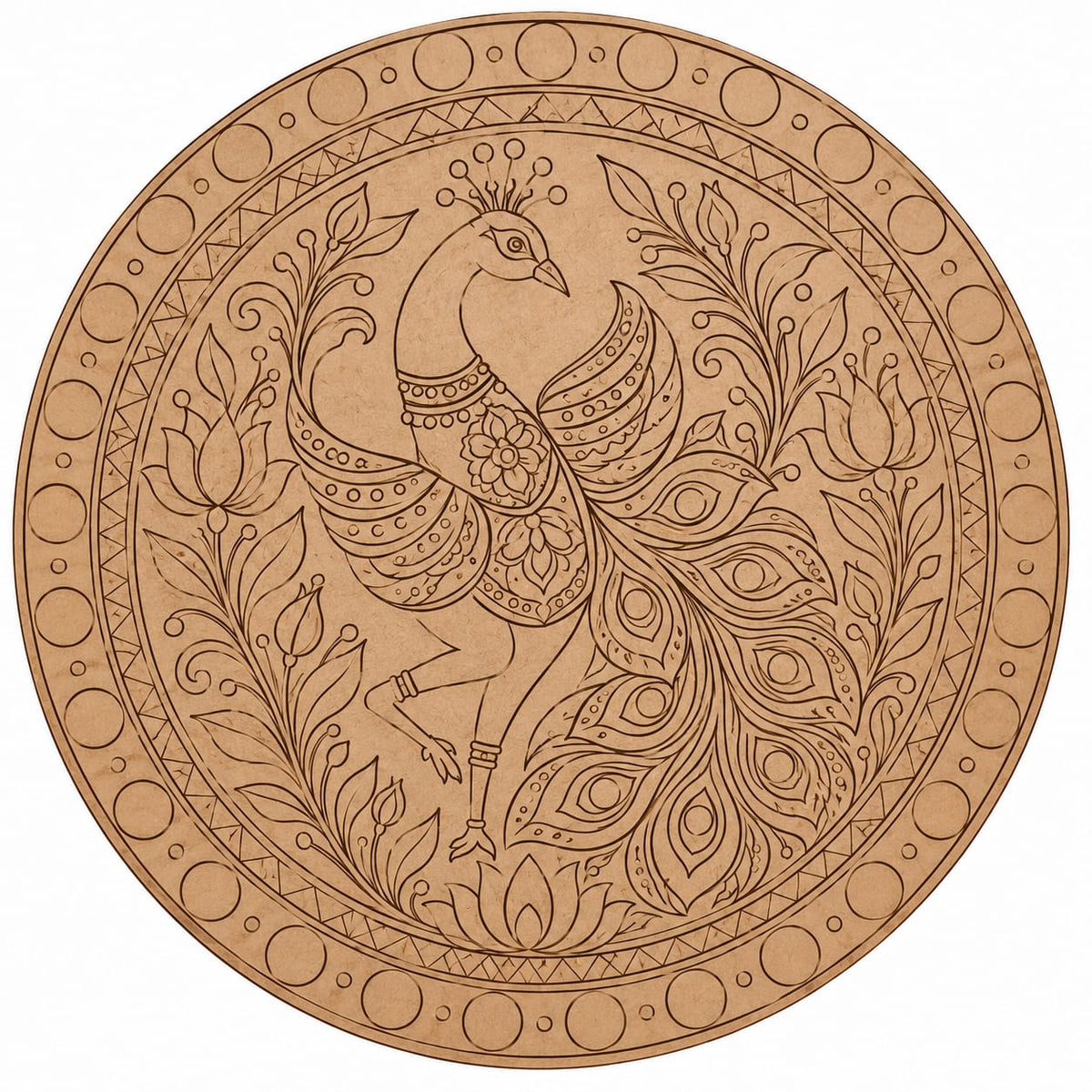 DIY MDF Art Kit – Dancing Peacock in Display Folk Art Pre-Marked Round Board with Acrylic Colors & Brushes