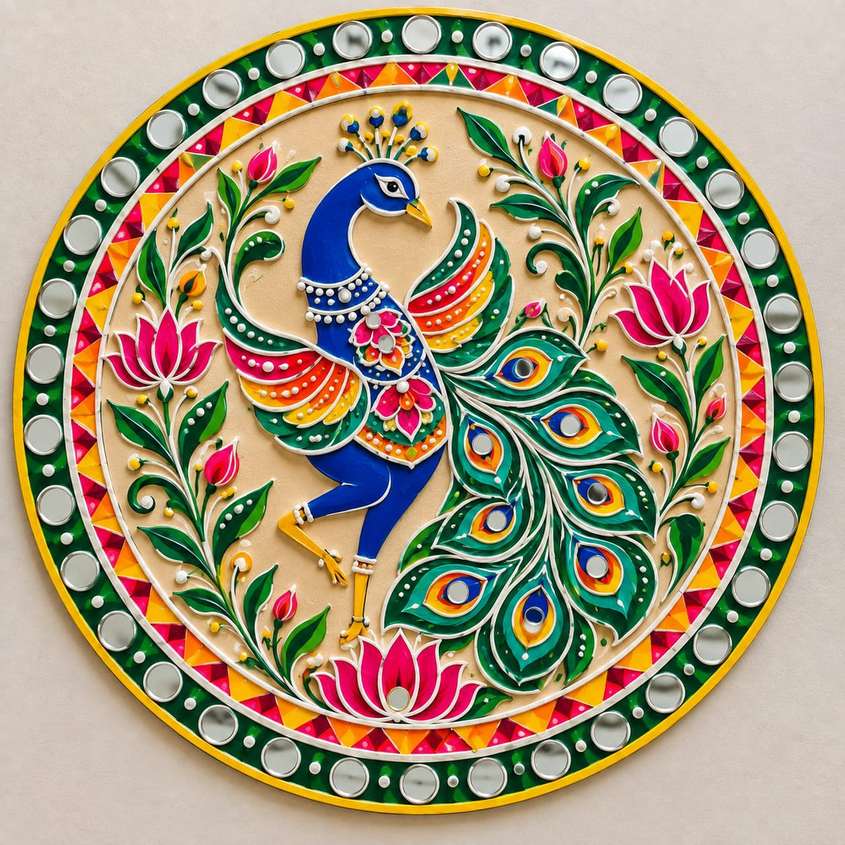DIY MDF Art Kit – Dancing Peacock in Display Folk Art Pre-Marked Round Board with Acrylic Colors & Brushes
