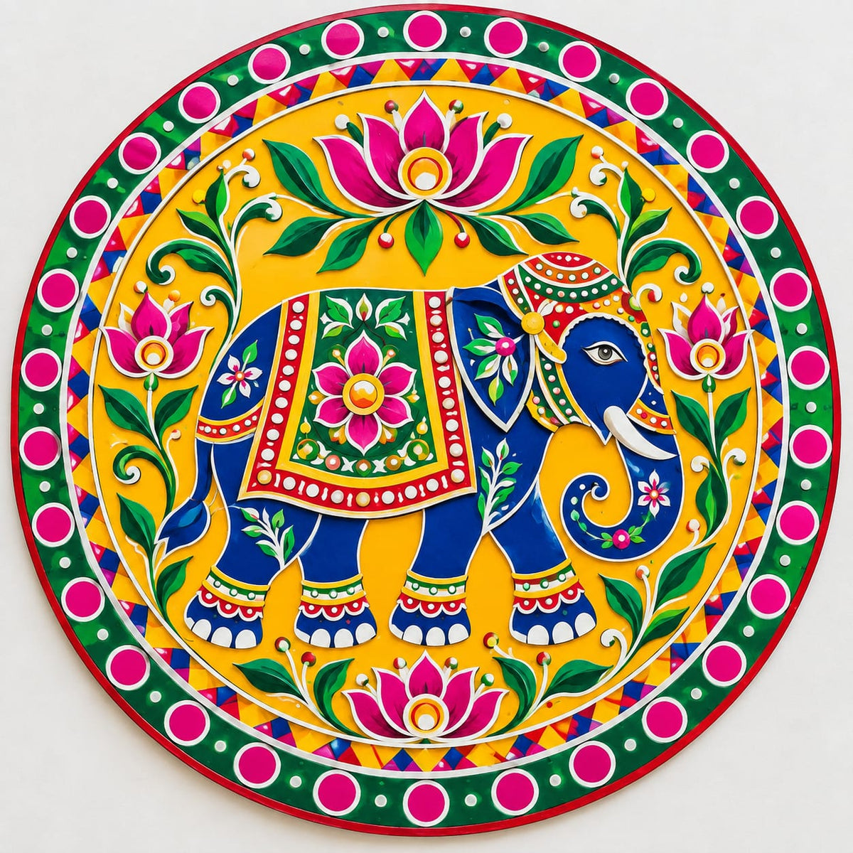 DIY MDF Art Kit – Royal Decorated Elephant Folk Art Pre-Marked Round Board with Acrylic Colors & Brushes