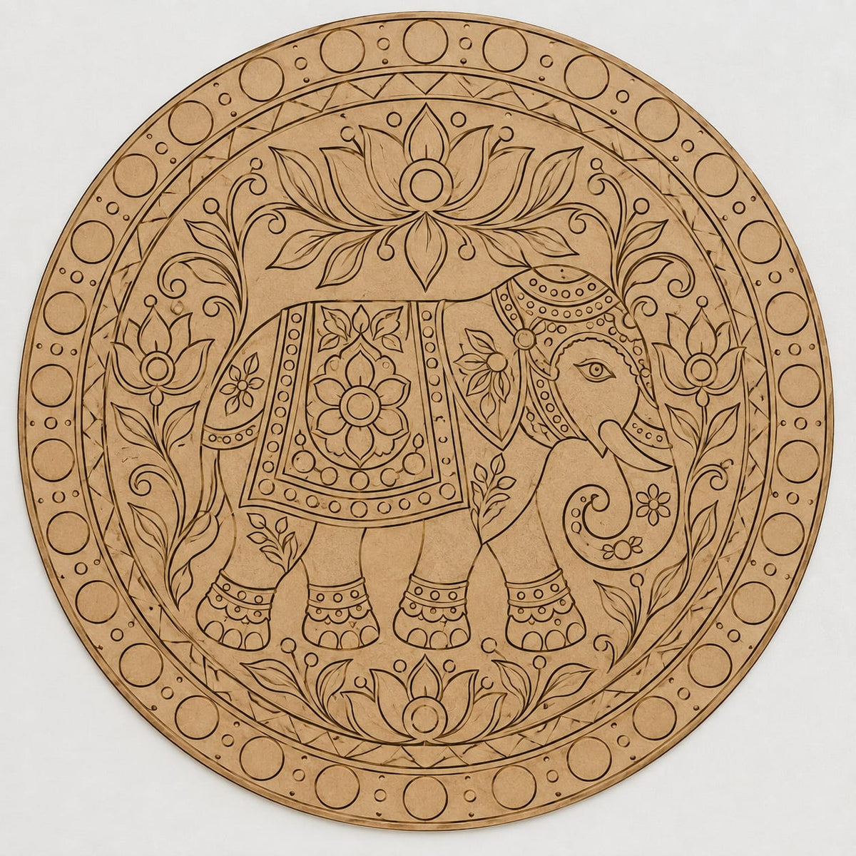 DIY MDF Art Kit – Royal Decorated Elephant Folk Art Pre-Marked Round Board with Acrylic Colors & Brushes