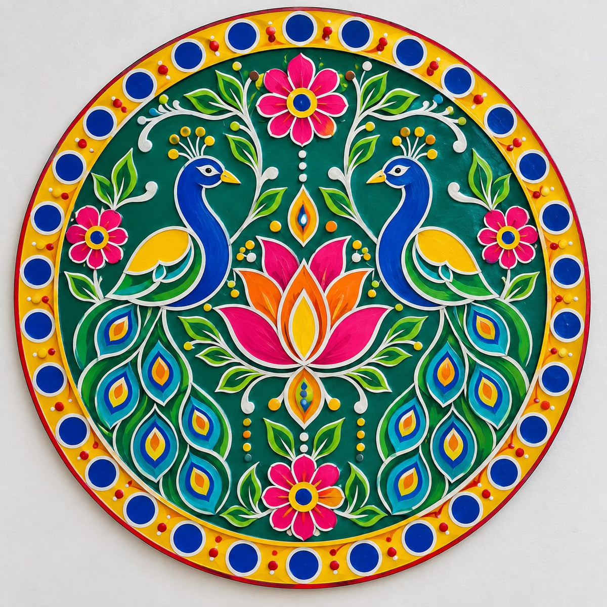 DIY MDF Art Kit – Twin Peacocks & Lotus Folk Art Pre-Marked Round Board with Acrylic Colors & Brushes