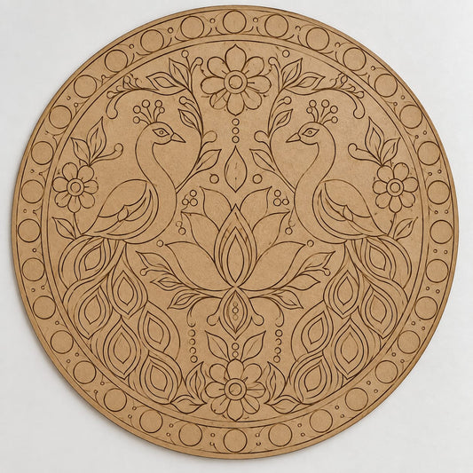 DIY MDF Art Kit – Twin Peacocks & Lotus Folk Art Pre-Marked Round Board with Acrylic Colors & Brushes
