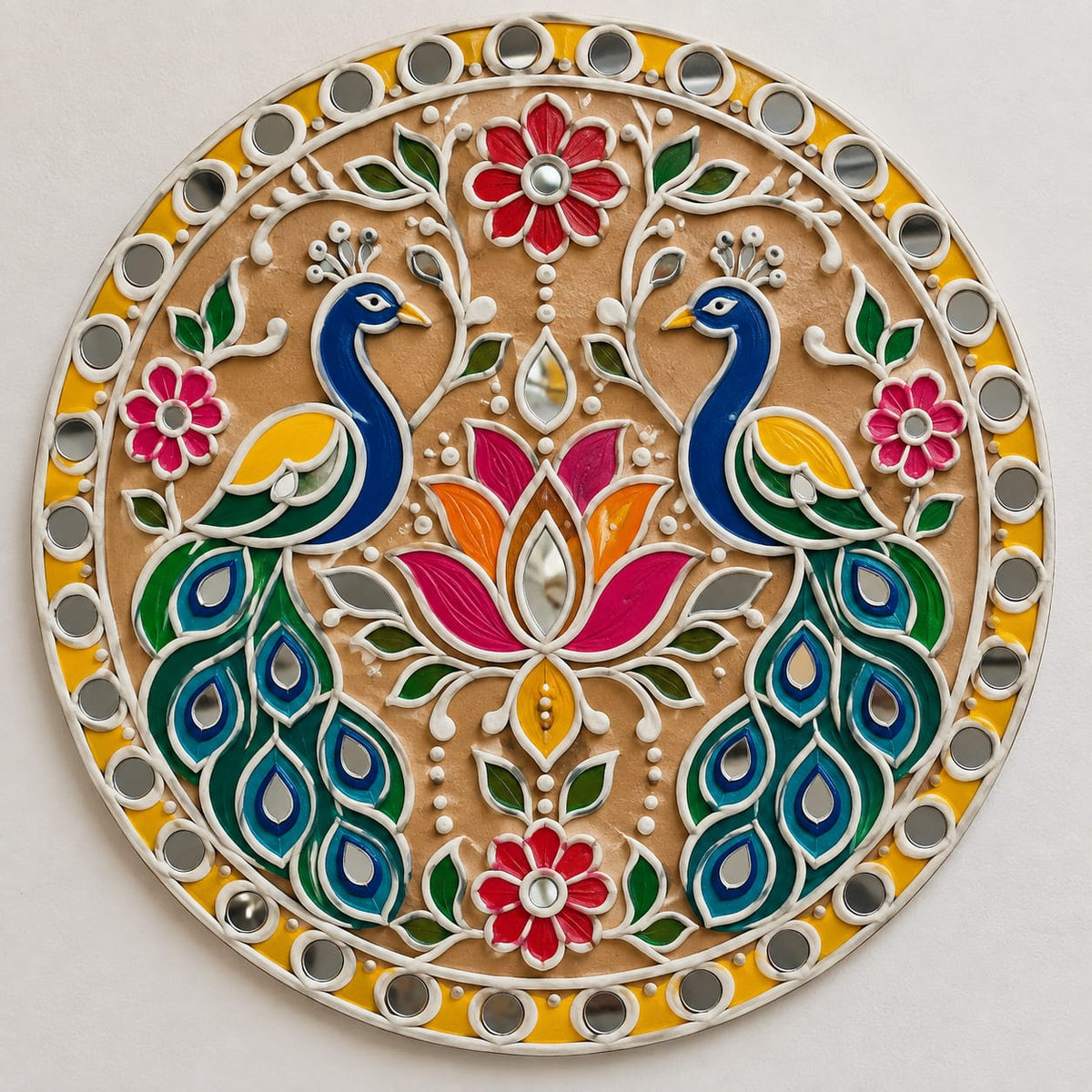 DIY MDF Art Kit – Twin Peacocks & Lotus Folk Art Pre-Marked Round Board with Acrylic Colors & Brushes