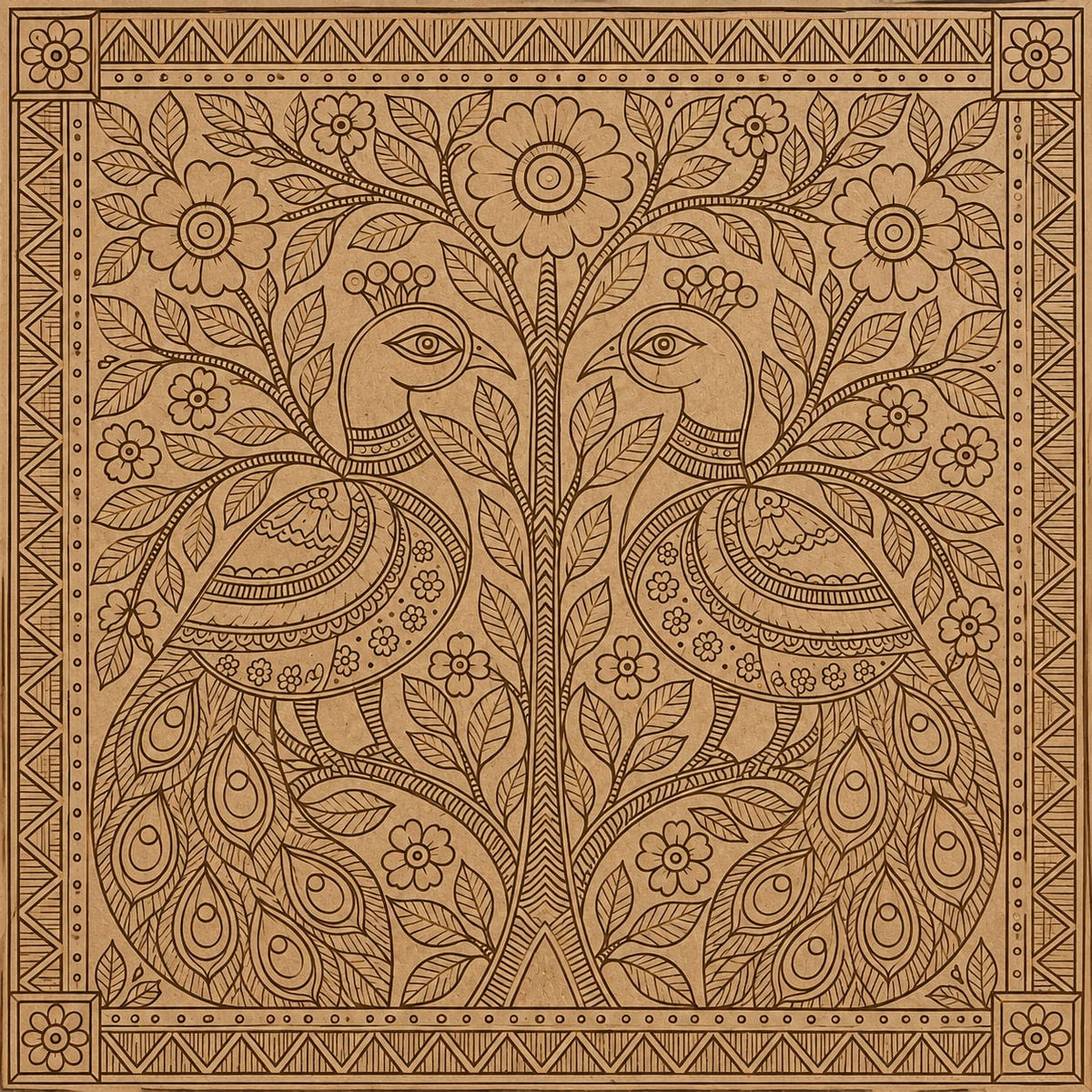 DIY MDF Art Kit – Madhubani Twin Peacocks Pre-Marked Round Board with Acrylic Colors & Brushes