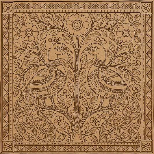 DIY MDF Art Kit – Madhubani Twin Peacocks Pre-Marked Round Board with Acrylic Colors & Brushes