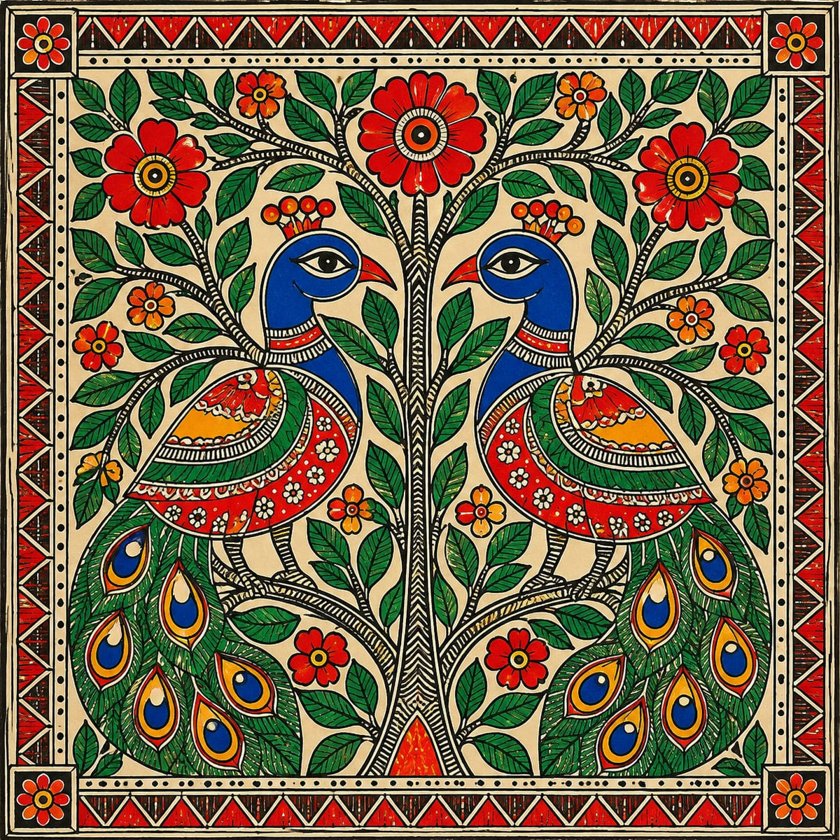 DIY MDF Art Kit – Madhubani Twin Peacocks Pre-Marked Round Board with Acrylic Colors & Brushes
