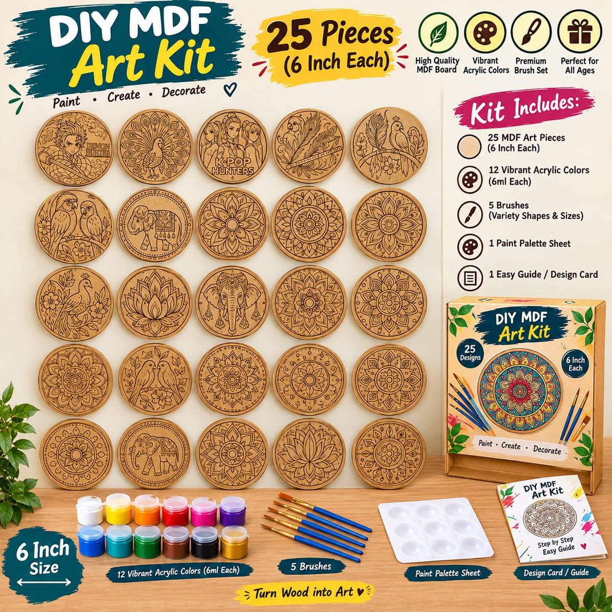 DIY MDF Art Kit – 25 Designer Round Boards with Acrylic Colors, Brushes & Palette - DIY - Pre-Marked MDF
