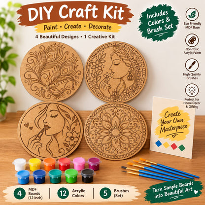 DIY Craft Kit – 4 Beautiful Designer MDF Round Boards with Colors & Brushes (12 Inch Each) - DIY - Pre-Marked MDF