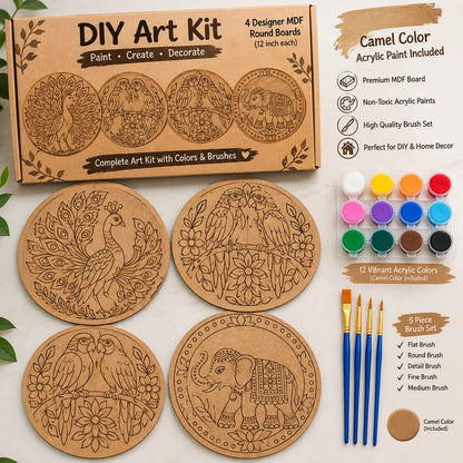 DIY Art Kit – 4 Designer MDF Round Boards with Acrylic Colors & Brushes (12 Inch Each) - DIY - Pre-Marked MDF